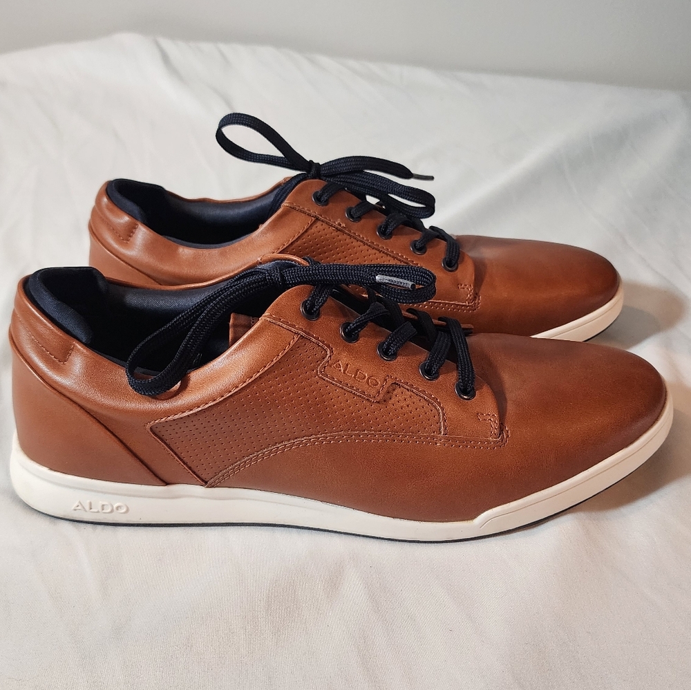 Aldo Flex Men's Size 10.5 Brown Tan Navy Leather Dress Shoes Rubber Sole Lace Up